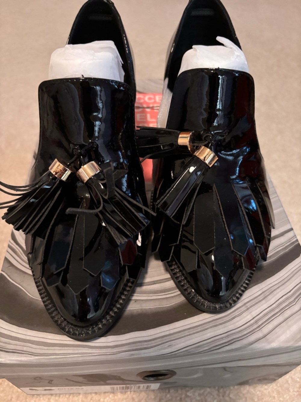 Jeffrey Campbell Black Patent Tassel Fringe Loafers with Gold Accents
